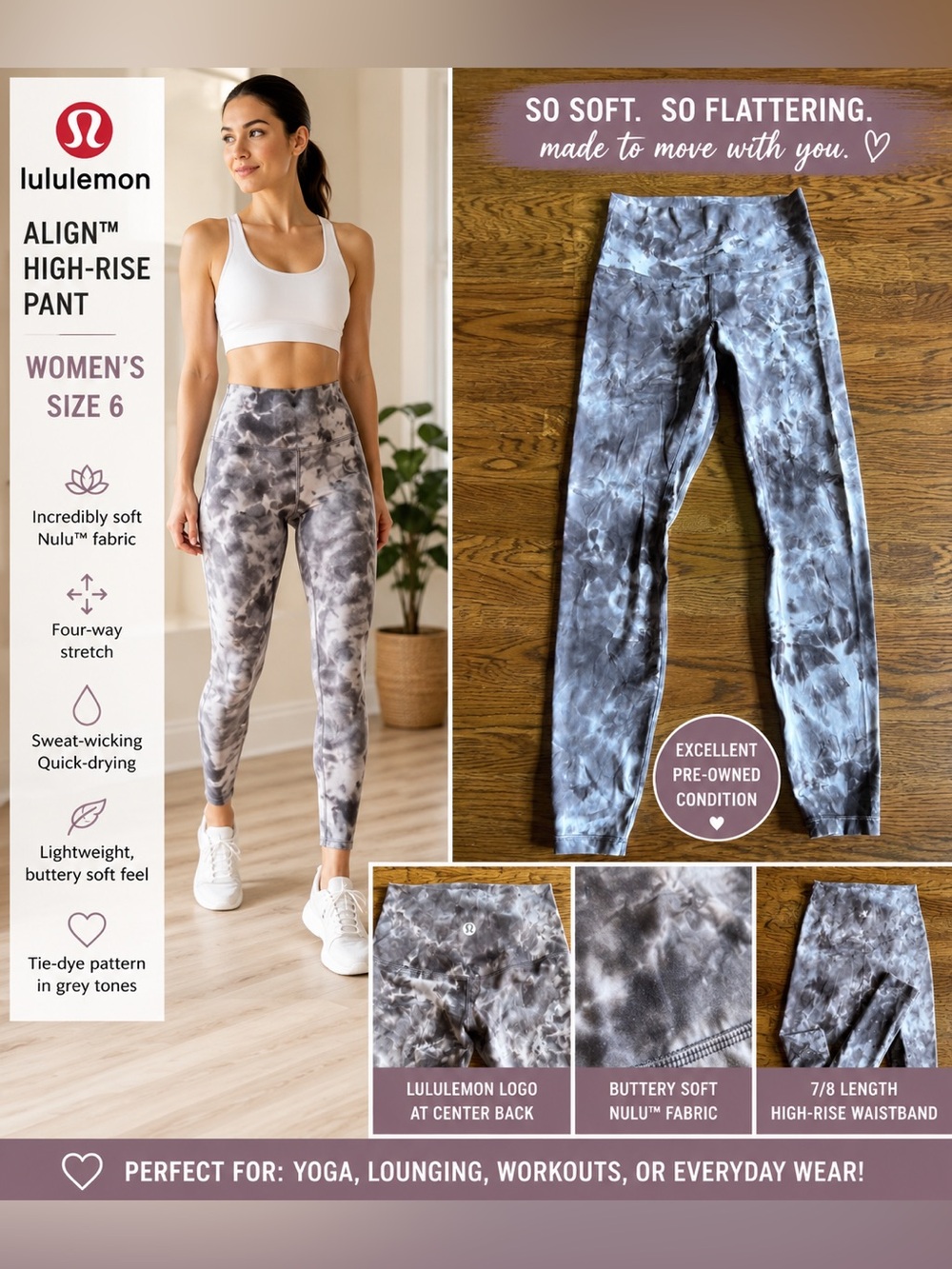 Lululemon Align High-Rise Tie-Dye Leggings Women’s Size 6 Gray Nulu Yoga Pants